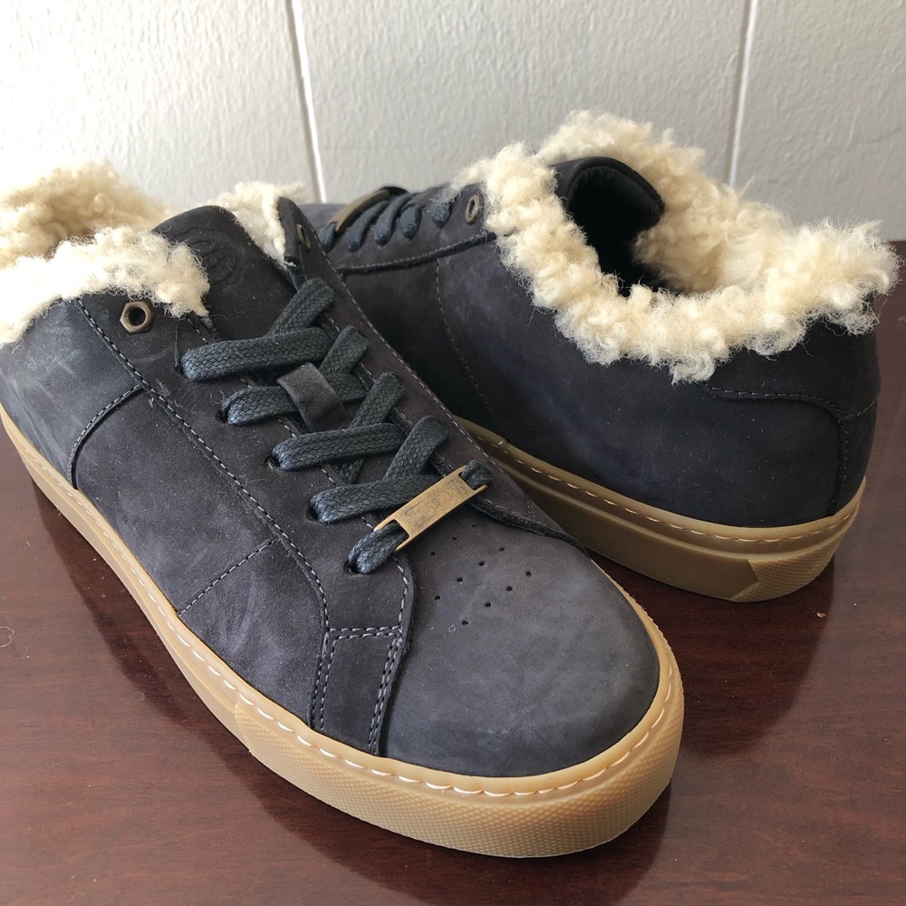 Greats Dark Gray Suede Sneakers with Gum Sole and Shearling Collar